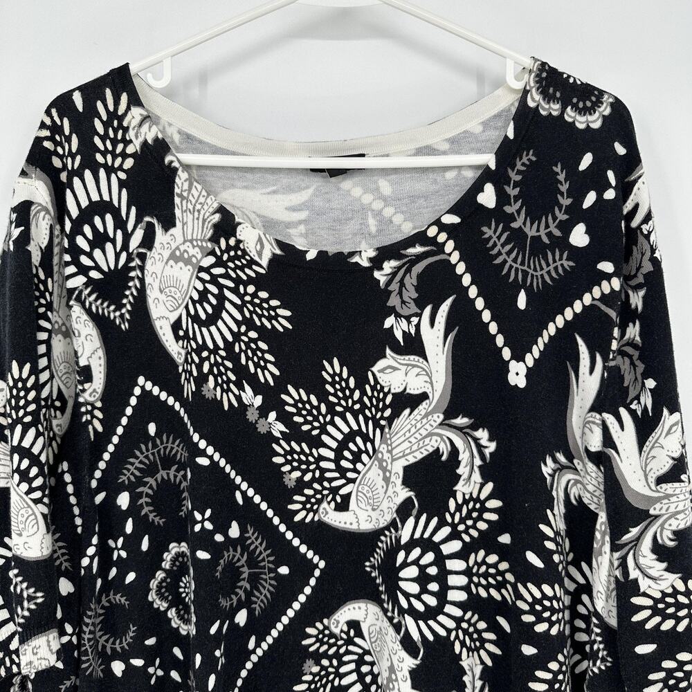 Talbots Plus Womens 3X Black White Bird Floral Print Sweater Scoop Neck Knit